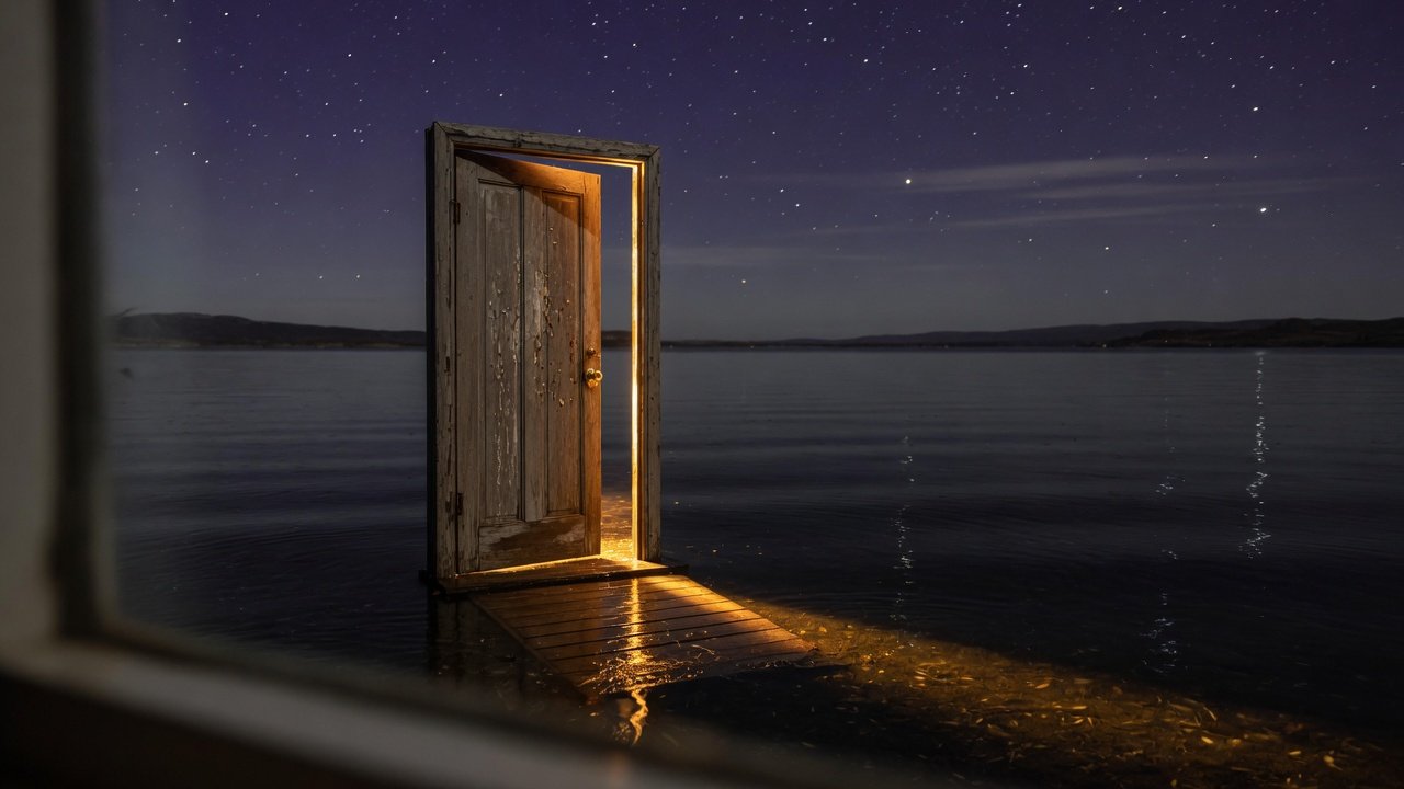 A freestanding door standing in dark water at night, warm light coming through the open doorway.